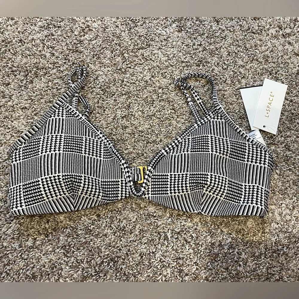 L*Space Jessy Printed Cutout Halter Tie Plaid Bikini Top Size Large